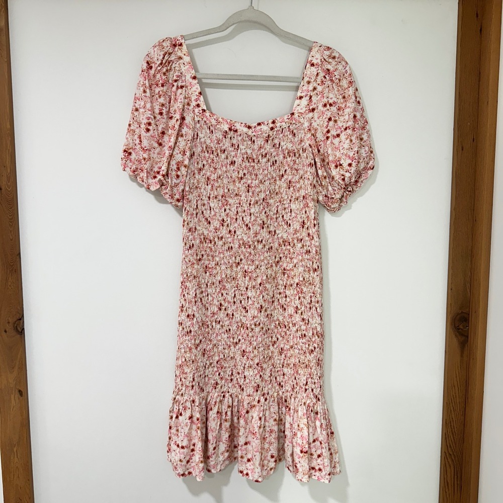 Another Love Womens M Pink Floral Smocked Puff Sleeve Ruffle Midi Dress